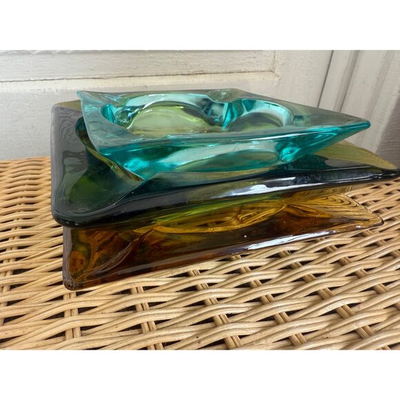 Vintage MCM lot 3 Glass Ashtrays Stacking Blue/Green/Amber - Picture 6 of 11